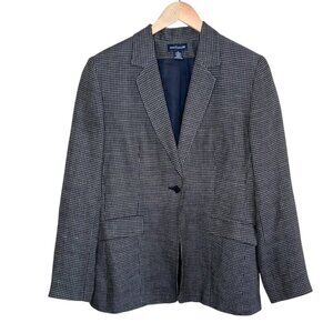 Ann Taylor Black and Navy Micro Plaid Linen Blend Single Breasted academia